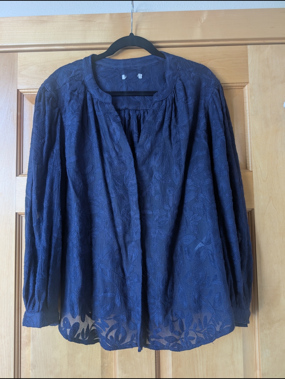 Chico's Navy Embroidered Floral Long-Sleeve Button Up Blouse